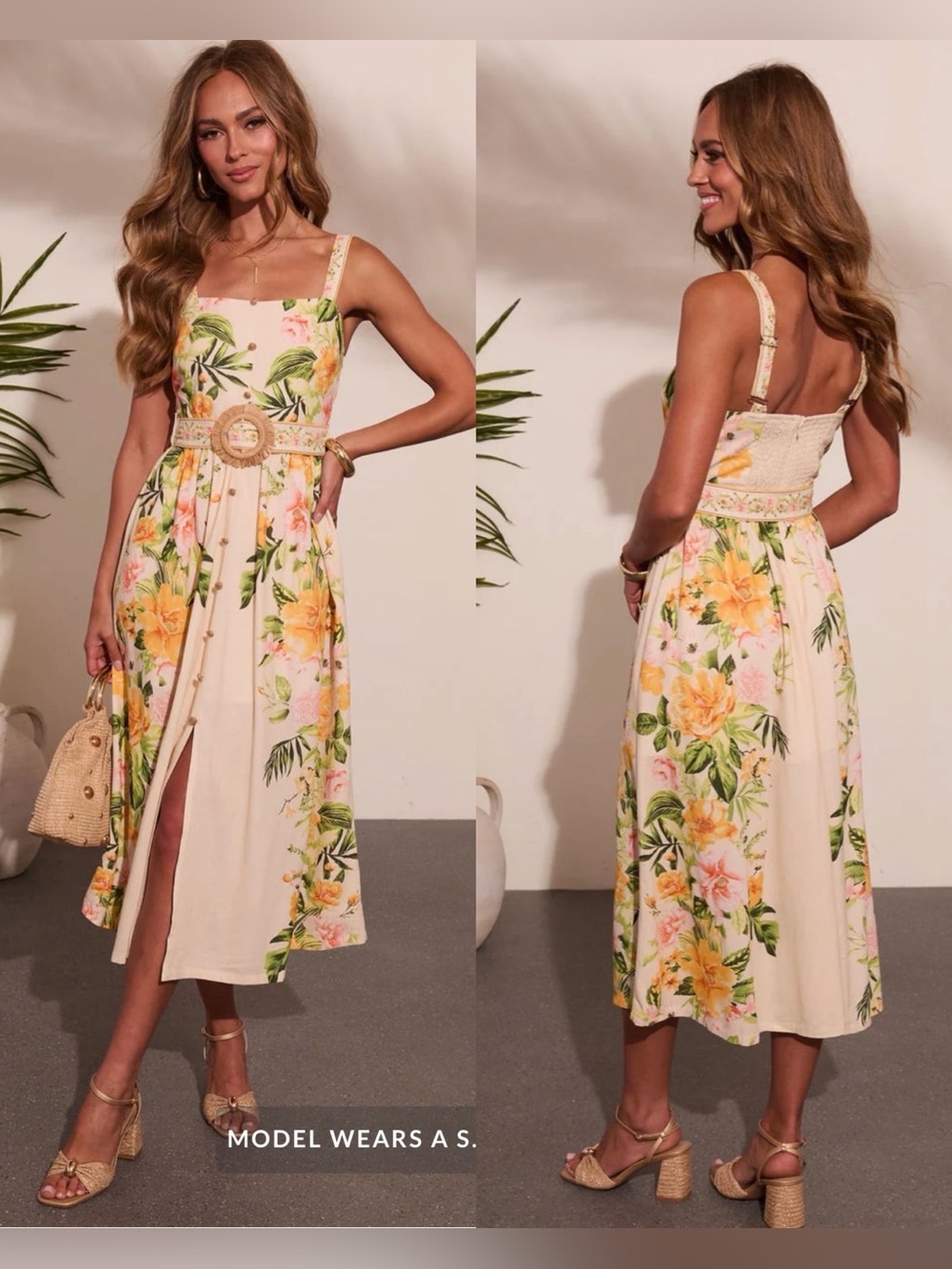 Vici Rosira Belted Floral Midi Dress Linen Blend , Large